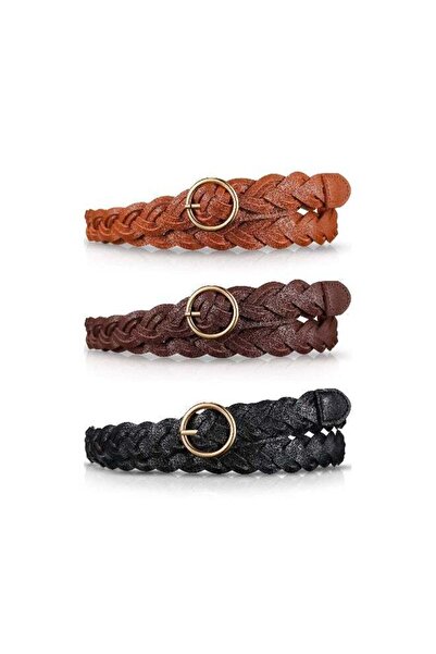 Generic 3 Pieces Women's Braided Leather Belt with O-Ring Metal Buckle