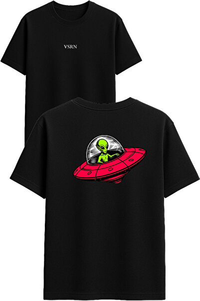 VSRN Red Ufo Vehicle Design Printed Black Oversized t Shirt