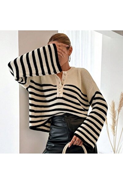 KENZA'A TRİKO Pulover cu guler cu nasturi cu dungi supradimensionat