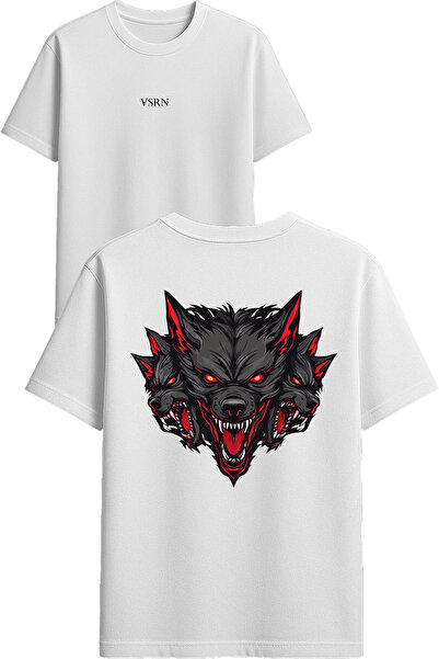 VSRN Tricou oversize alb cu imprimeu design lup cu 3 capete