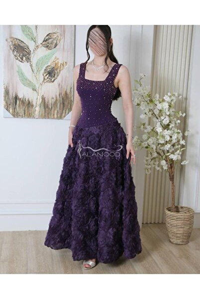 ALANOOD FASHION فستان سهرة أنيق بنفسجي مزين بالكرستال