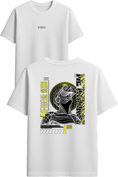 VSRN تي شيرت نيو وورلد ديزاين مطبوع أبيض قصة فضفاضة