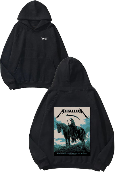 THEWERT سويت شيرت ميتاليكا هورس سكول ديزاين مطبوع أسود بغطاء رأس