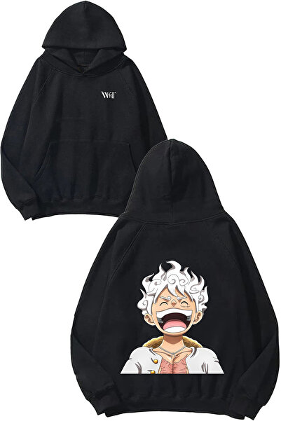 THEWERT سويت شيرت بتصميم One Piece Laughing Luffy رقم مطبوع أسود بغطاء رأس