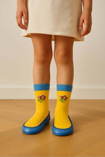 BONY SOCKS Girl's Floral Patterned Moccasin Socks Booties Slippers – Non-Slip Home & Kindergarten Shoes Yellow