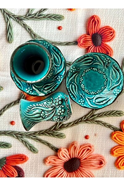 MUGUSA HEDİYELİK EL YAPIMI ÇİNİ SERAMİK KABARTMA DESENLİ 6'LI FİRUZE / YEŞİL ÇAY BARDAĞI SETİ