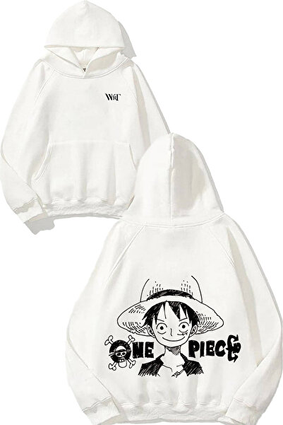 THEWERT سويت شيرت One Piece Luffy1 Design Back مطبوع أبيض بغطاء رأس