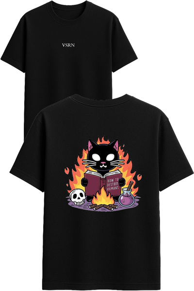 VSRN Tricou oversize negru cu imprimeu design pisică citind o carte