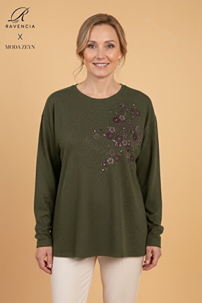 Ravencia Women's Middle-Aged and Above Floral Patterned Stoned Stretch Fabric Wool Green Mother Combed Cotton Blouse