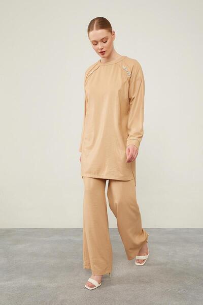 Levidor K.Beige Stone Embroidered Wide Trousers Tunic Suit