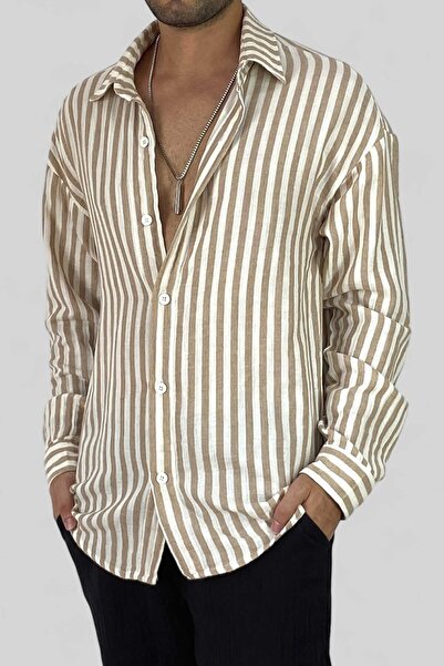 Alışveriş Sokağı Brown Striped Casual Summer Linen Shirt
