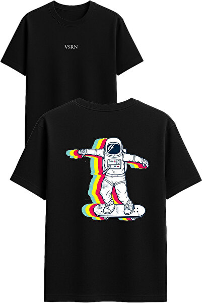 VSRN Tricou negru supradimensionat cu imprimeu 3D cu design de astronaut