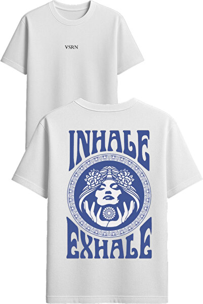VSRN Tricou supradimensionat alb cu imprimeu design Inhale Exhale