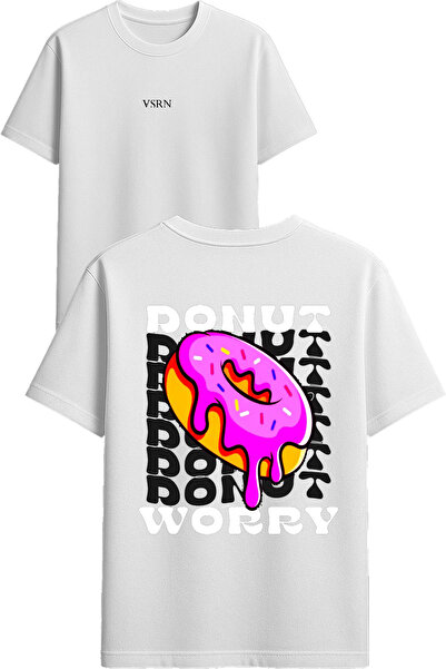 VSRN تي شيرت دونات دونات تصميم مطبوع أبيض قصة فضفاضة