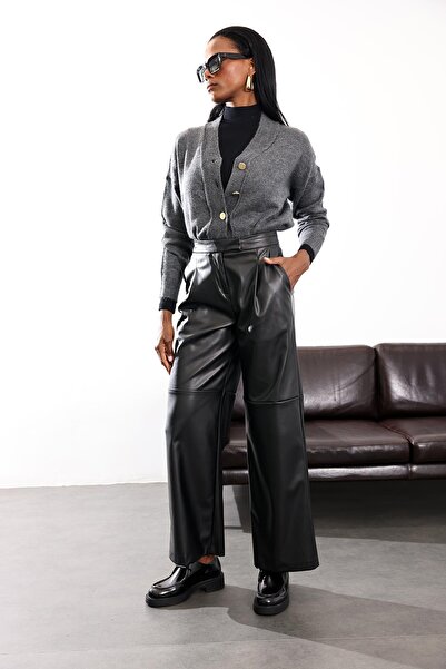 5in1Canpolat Black Patchwork Leather Trousers 17215