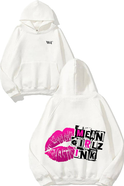 THEWERT Mean Girlz Ink Design Spate cu imprimeu Alb cu glugă Swea tricou