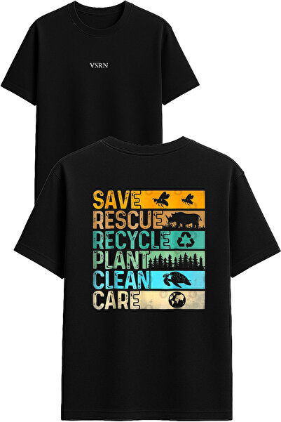 VSRN Save Rescue Recycle Design Printed Black Oversized t Shirt