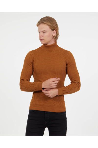 elkumoda Men's Turtleneck Knitwear Sweater Cotton Self-Patterned Turtleneck Slimfit Sweater