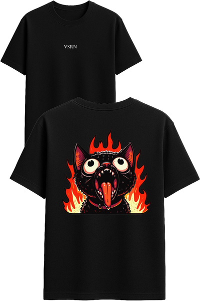 VSRN Crna prevelika majica sa printom dizajna "Burning Cat"