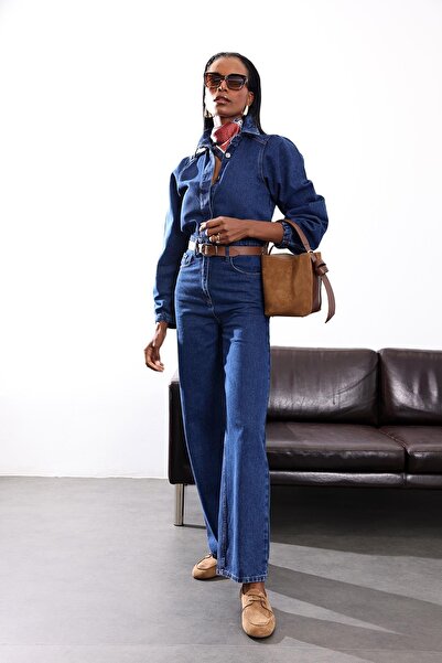 5in1Canpolat Dark Blue Belted Denim Jumpsuit 8152