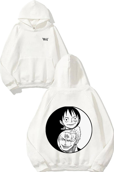 THEWERT One Piece Luffy Zoro Design Backpack Printed White Hooded Sweatshirt