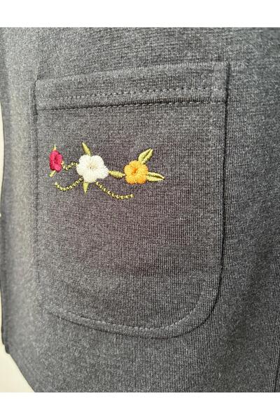 Özenli Triko Çelik Örgü 5 Düğmeli Renkli Çiçek Nakışlı Anne Yelek Antrasit