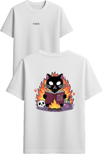 VSRN Tricou supradimensionat alb cu imprimeu design pisică citind o carte