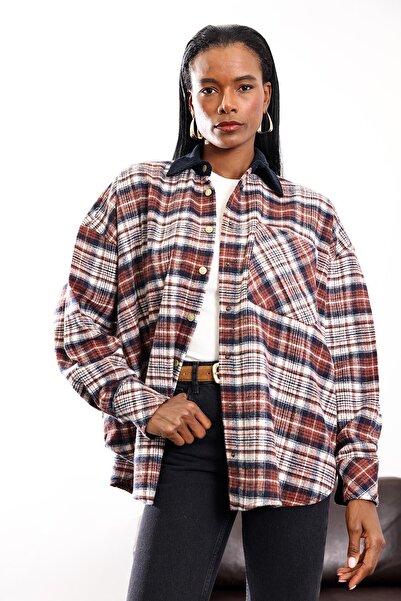 5in1Canpolat Μπλε βελούδινο καρό πουκάμισο με γιακά 04013