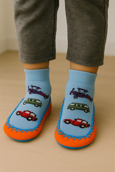Katia&Bony Children's Moccasin Socks Booties Slippers – Non-Slip Home & Kindergarten Shoes Orange-Blue