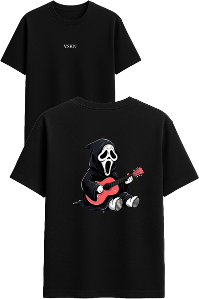 VSRN Tricou oversize negru cu imprimeu Design Ghost Playing Guitar