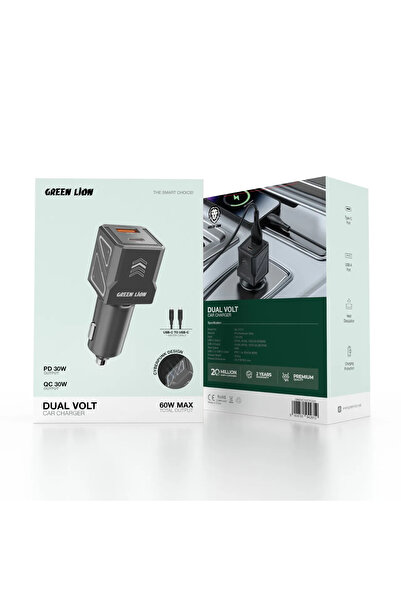 Green Lion Dual Volt Car Charger Pd+Qc 60W C To C 1M Cable - Gray