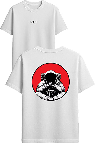 VSRN Tricou oversize alb cu imprimeu rotund cu design astronaut