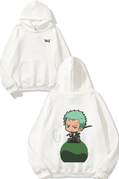 THEWERT سويت شيرت One Piece Angry Zoro Design Back مطبوع أبيض بغطاء رأس
