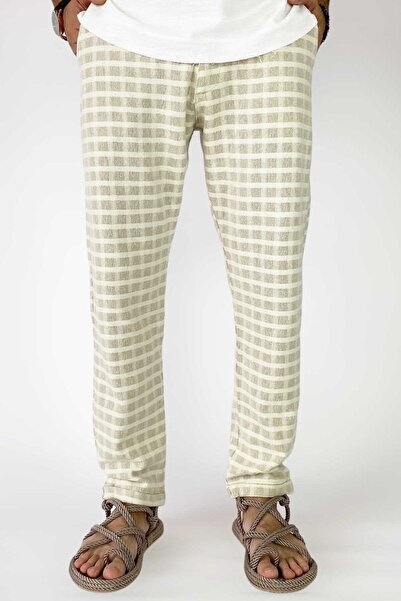 Alışveriş Sokağı 100% Cotton Square Patterned Gray Linen Trousers