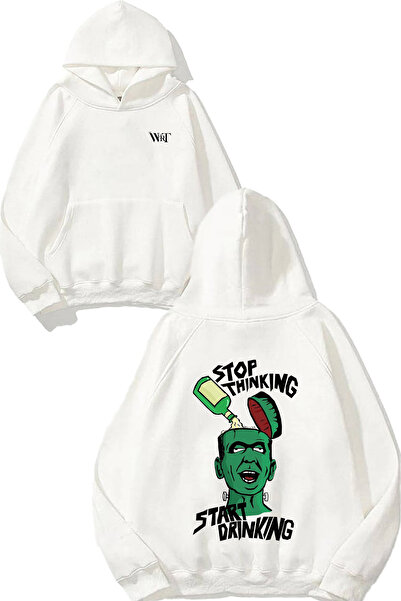 THEWERT ستارت درينكينغ فرانكنشتاين ديزاين راك مطبوع سويت شيرت أبيض بغطاء رأس