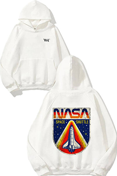 THEWERT سويت شيرت بتصميم مكوك الفضاء من ناسا مطبوع أبيض بغطاء رأس