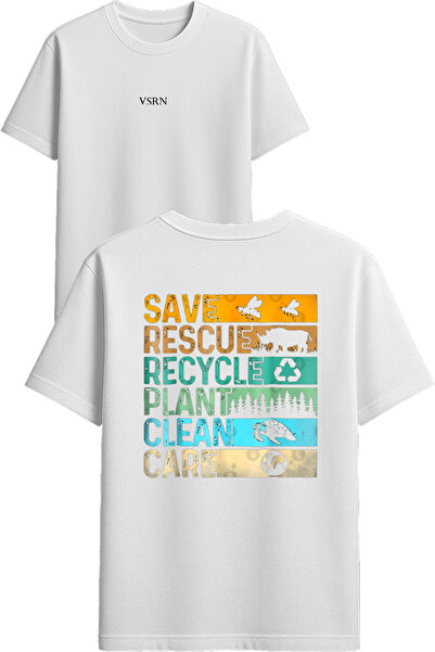 VSRN Salvați, reciclați, transformați. Tricou supradimensionat alb cu imprimeu.