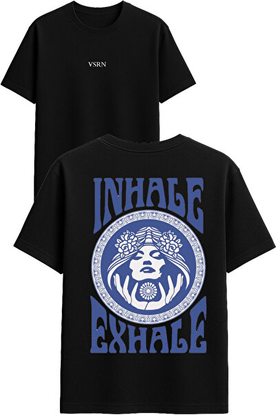 VSRN Tricou oversize negru cu imprimeu design  "Inhale exhale "
