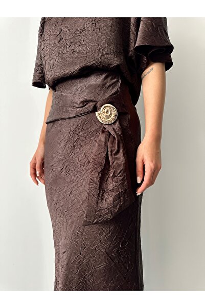 Somut istanbul Crinkled Look Satin Midi Skirt and Blouse 2-Piece Set