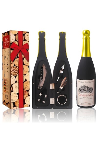 Full Abundance Σετ δώρου για κόκκινο κρασί, 5 τεμάχια — Ανοιχτήρι σομελιέ, μεταλλικό πώμα, αεριστήρας, δακτύλιος στάλαξης, κόπτης αλουμινίου