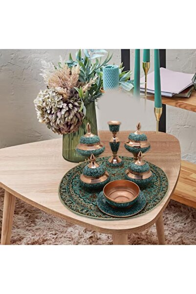 Margoun Set of 7Pcs Handmade Copperware Firouze Kubi Dishes Turquoise Inlaying-B0DYYRFQBC (7 Pcs)