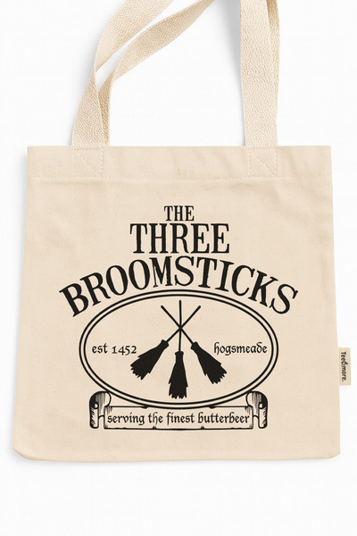 Tee&more. Three Broomsticks Printed Canvas Tote Bag with Gusseted Velcro and Inner Pocket