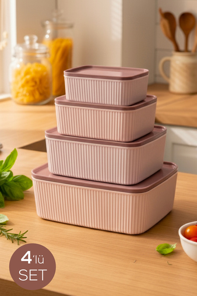 Vienev 4'lü Çizgili Dikdörtgen Saklama Seti Pembe | 2.5L 1.5L 0.80L 0.45L | M...