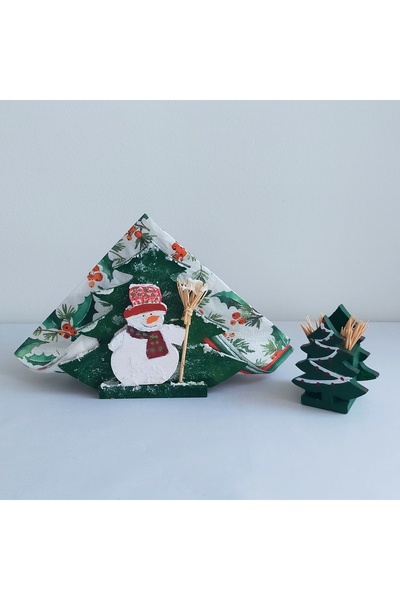 Tahtadenizi Yeni Yıl Yılbaşı Konsept Ahşap Peçetelik Kürdanlık Takım El Yapımı