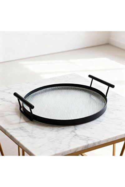 Generic Black iron serving tray with a round acrylic base, 25 cm