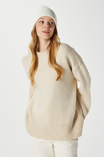 Ritnice Women's Homy Soft Crew Neck Stone Oversized Knitwear Sweater