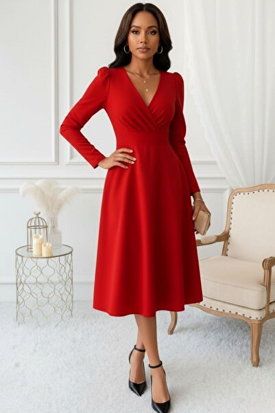 Mossta Red Double-Breasted Collar Long Sleeve Midi Dress