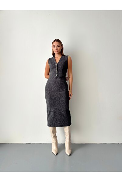 Somut istanbul Buttoned V-Neck Vest Detail Midi Dress