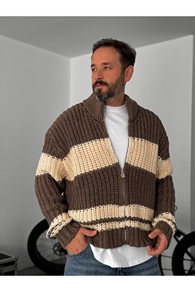 BYBASICMAN Καφέ πλεκτή ζακέτα με ρίγες με φερμουάρ G-3005