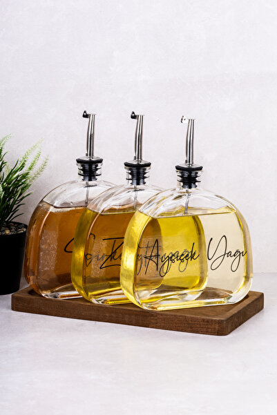 Dolkin Home 3lü Lüx 500ml Yağdanlık Ahşap Standlı Gümüş Kapak Cam Yağlık Zeyt...
